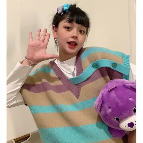 红续撞色条纹马甲女V领叠穿背心外搭无袖针织衫秋冬新款日系复古图片