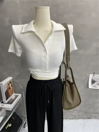 性感纯欲～polo领短袖t恤女白色高腰短款紧身辣妹上衣纯色2022潮商品大图