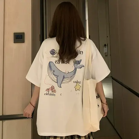 盐系少女夏季短袖t恤女2022宽松韩版ins潮牌学院风正肩半袖上衣服图片