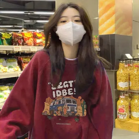 圆领卫衣女2023春秋薄款宽松慵懒风美式复古小众设计落肩外套上衣图片