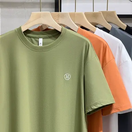 白黑色重磅圆领短袖T恤男高级感夏季宽松冰丝棉刺绣打底衫男上衣商品大图