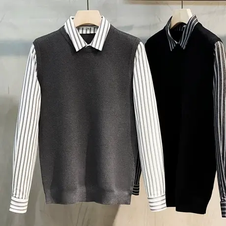 2023秋冬新款假两件毛衣男条纹袖衬衫领针织外套商务上衣加绒加厚商品大图