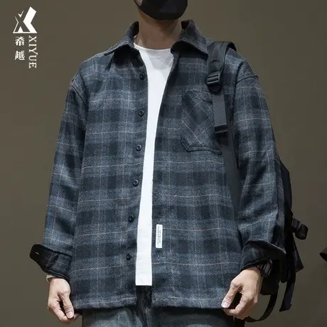 希越重磅550g加厚格子衬衫男长袖秋冬宽松大码潮ins复古衬衣外套商品大图