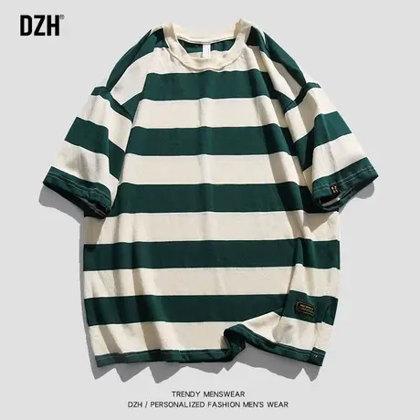 男生日系条纹短袖男夏季宽松300g重磅t恤纯棉半袖2023新款体恤衫商品大图