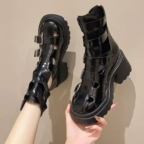 罗马风编织凉靴女镂空2023夏季新款漆皮厚底后拉链马丁靴方头短靴图片