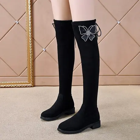 长筒过膝靴女2023年秋冬新款平底百搭瘦腿弹力靴韩版加绒高筒棉靴商品大图