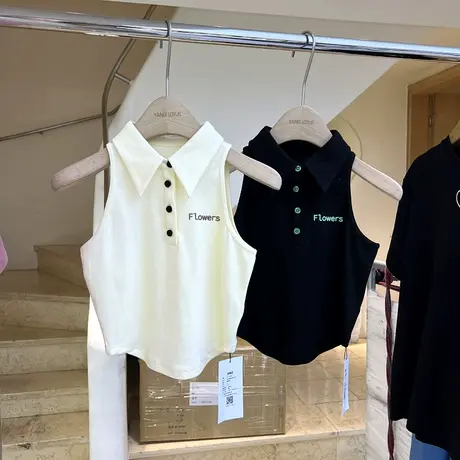 十三行女装2022夏季新款韩版polo领单排扣不规则撞色无袖背心上衣图片