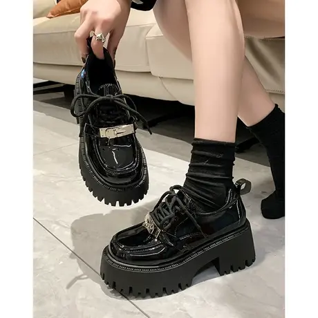 系带松糕厚底乐福鞋女2024新款春季粗跟高跟锁扣黑色jk单鞋小皮鞋图片