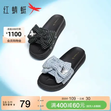 红蜻蜓小香风一字拖夏季新款半拖鞋外穿厚底休闲拖鞋蝴蝶结凉鞋商品大图
