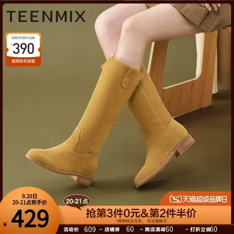 天美意复古英伦西部牛仔靴女长靴高筒靴2022冬新商场同款BF391DG2商品大图