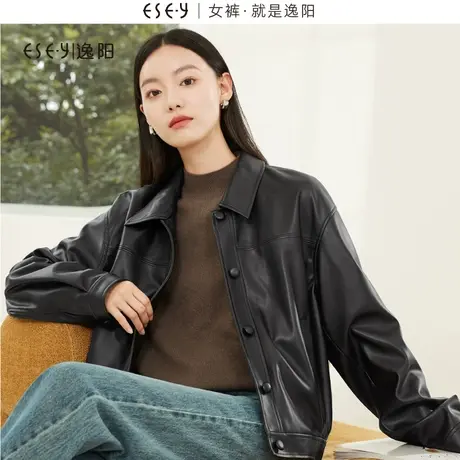 逸阳黑色复古落肩仿皮夹克女2023秋新款修身显瘦短款上衣外套3083图片