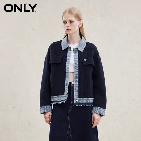 ONLY2023冬季新款设计感百搭牛仔拼接翻领针织衫女|12342Z001图片