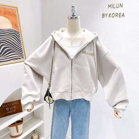 2023春秋款短款外套小个子显高拉链开衫纯色百搭慵懒休闲卫衣连帽图片