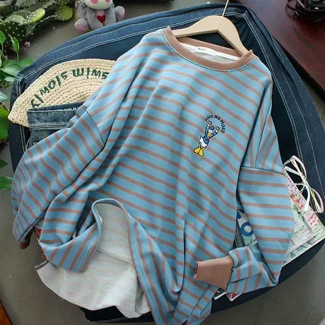 卫衣女春秋薄款2021新款韩版ins潮条纹刺绣唐老鸭宽松套头上衣服图片