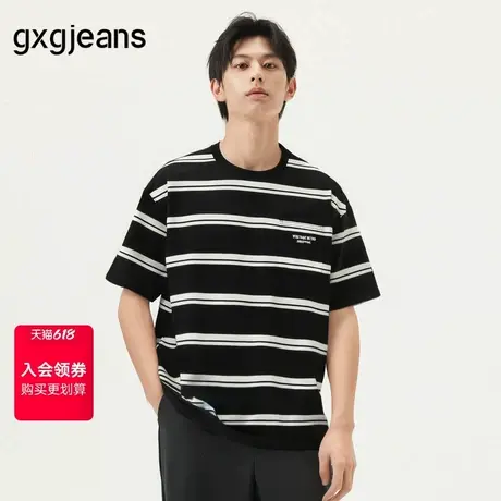gxg.jeans男装 黑色条纹设计复古休闲宽松圆领短袖T恤 25年夏新品商品大图