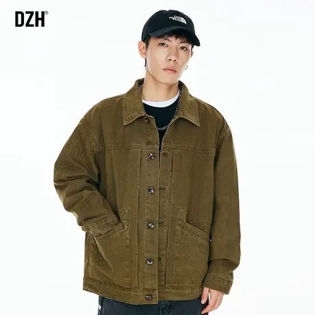 男士军绿色牛仔外套男秋季潮牌工装翻领夹克男装2023新款休闲褂子商品大图
