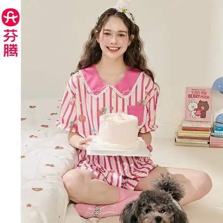 芬腾睡衣女士夏季纯棉短袖短裤薄款凉感可爱布朗熊大码家居服套装商品大图