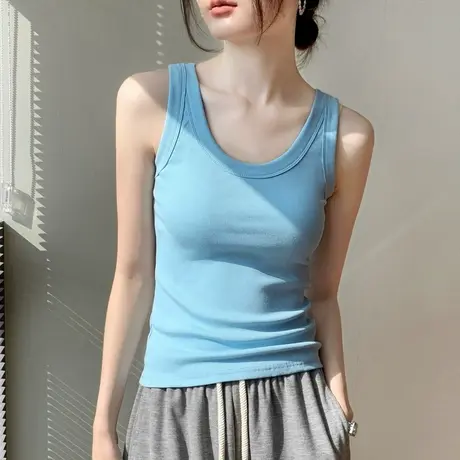 性感辣妹吊带背心女2025夏季新款水蓝色简约修身衬衫内搭无袖T恤图片