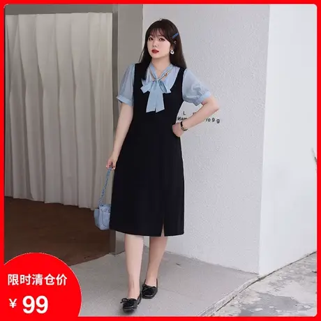 2023年夏季新款减龄蝴蝶结细带开叉长款气质大码连衣裙显瘦胖妹妹商品大图