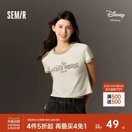 森马迪士尼合作系列短袖T恤女短款图案修身2025新款夏季撞色上衣商品大图