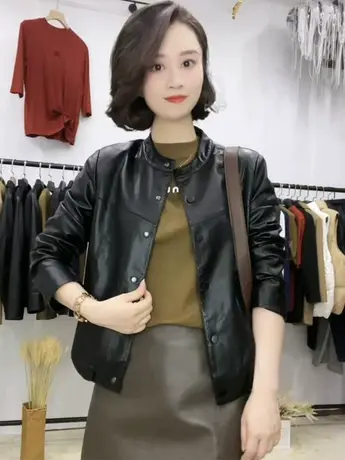 秋季新款软皮小立领皮衣女装上衣显瘦大码皮夹克百搭洋气外套潮款商品大图