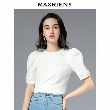 【奥莱】MAXRIENY网纱白衬衫秋季女士蕾丝泡泡袖上衣图片