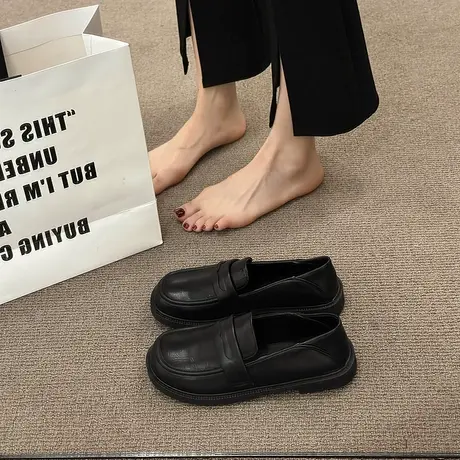 黑色软底软皮小皮鞋女2023新款春秋百搭英伦风日系jk一脚蹬乐福鞋商品大图