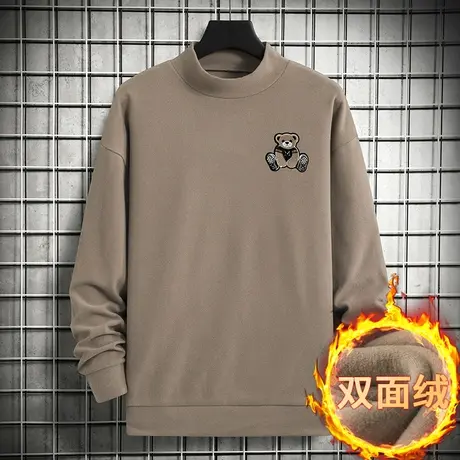 小熊卫衣男半高领宽松潮流秋冬款双面绒套头无帽上衣中领长袖t恤商品大图