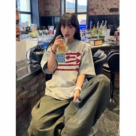 重磅纯棉欧货美式复古落肩短袖t恤女2025新款宽松慵懒高级感上衣图片