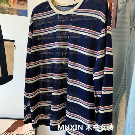 薄款拼色复古条纹宽松雪花棉夏季时尚个性女式长袖防晒T恤衫商品大图