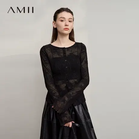 Amii【法式优雅】2025秋法式优雅复古蕾丝提花打底衫上衣针织衫商品大图