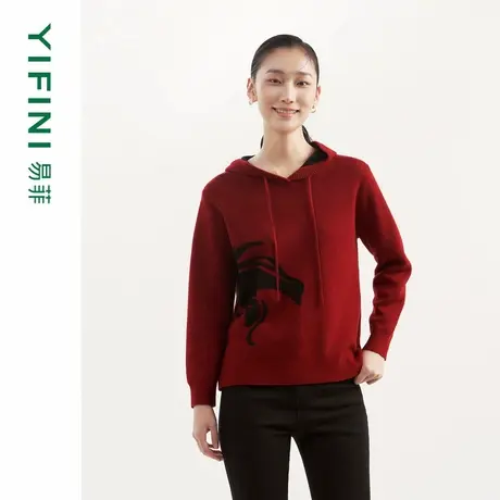 [专柜同款]Yifini/易菲连帽宽松安可拉红针织卫衣女套头衫冬新款商品大图