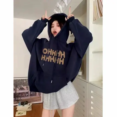 慵懒风字母印花2025新款秋季韩系连帽卫衣女大码加绒加厚长袖上衣商品大图