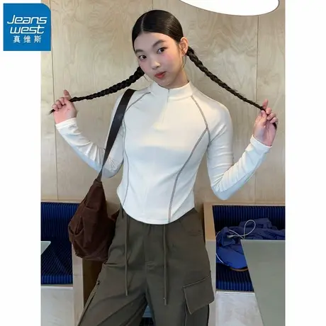 KHV真维斯半开衫打底衫女款2025新款早秋韩系穿搭上衣内搭长袖t恤商品大图