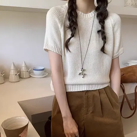 韩系简约短袖针织衫女2025早秋新款宽松圆领纯色百搭时尚上衣外穿商品大图