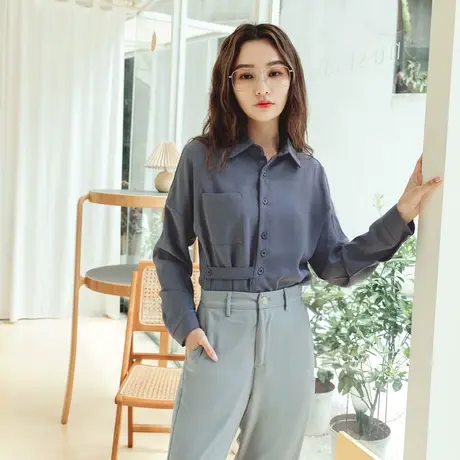 桔熊初秋通勤不对称设计长袖衬衫宽松中长款衣女大码AB16222商品大图