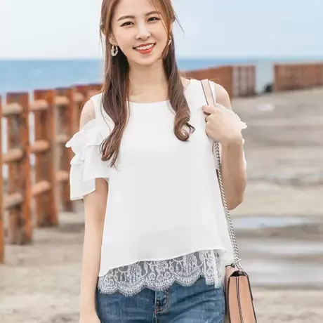 桔熊夏季韩版甜美下摆羽毛蕾丝雪纺衫荷叶边露肩上衣女大码AB9941图片