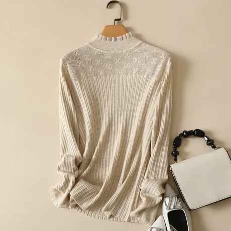 春装2023年新款蕾丝拼接半高领女士内搭针织显瘦洋气打底衫毛衣女商品大图