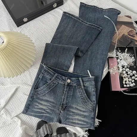 美式重工钉钻设计弹力紧身高腰微喇裤女秋季新款提臀修身牛仔长裤商品大图