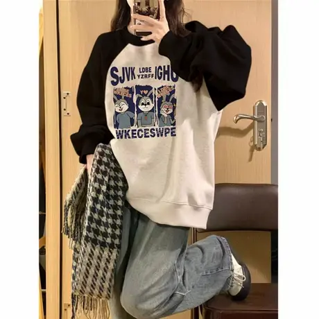 美式复古插肩袖圆领卫衣女秋冬季宽松设计感小众上衣加绒加厚外套商品大图