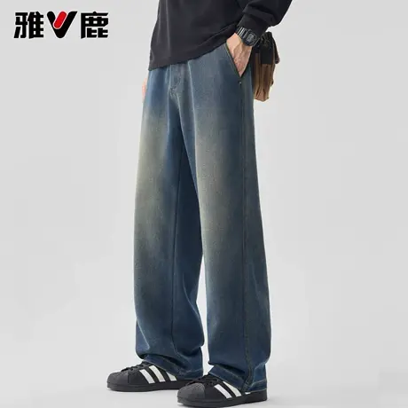 雅鹿2026春秋季新款宽松休闲牛仔裤男青年时尚磨白男显瘦显高长裤图片
