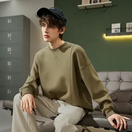 唐狮新款春秋季男士卫衣圆领基础简约净色分割设计感上衣男TMTA图片