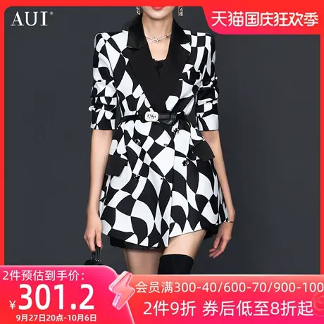AUI欧货时尚黑白格子西装外套女2023春秋新款炸街设计感小众西服图片