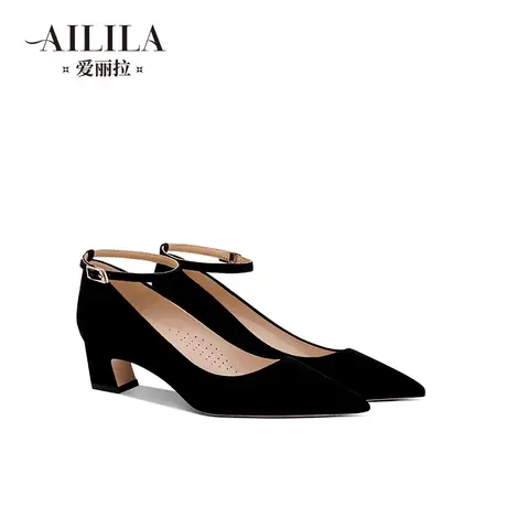 爱丽拉黑色粗跟高跟单鞋女2023新款舒适久站不累脚绒面一字带尖头商品大图