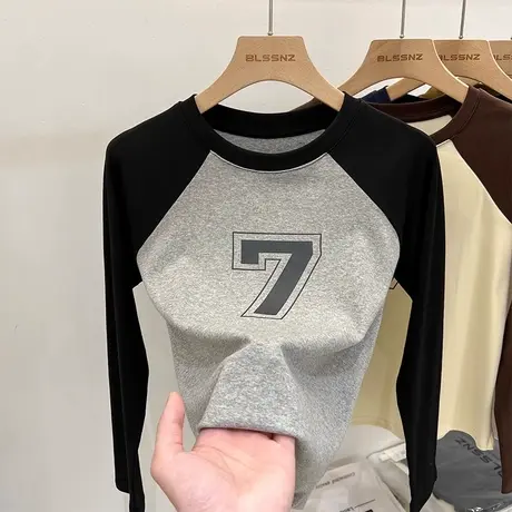 欧货ins潮牌撞色拼接长袖T恤女秋季韩版修身内搭插肩袖打底衫上衣商品大图