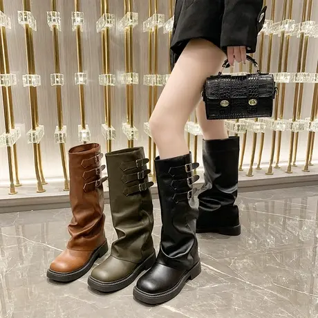 棕色复古高筒裤管靴女秋冬季新款骑士靴小个子长靴厚底西部牛仔靴图片