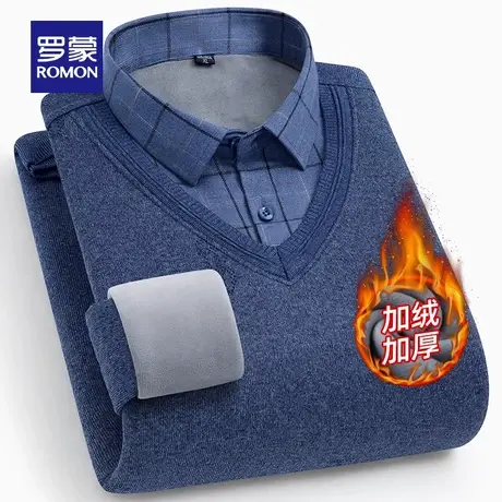 【加绒加厚】罗蒙男士时尚休闲针织假两件衬衫2023秋冬保暖毛衣男商品大图