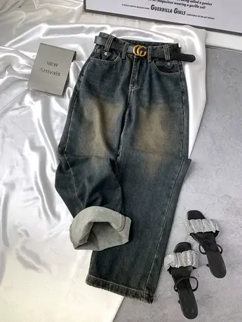 磨白复古加绒牛仔阔腿裤女2023秋冬新款显瘦百搭宽松bf高腰直筒裤商品大图