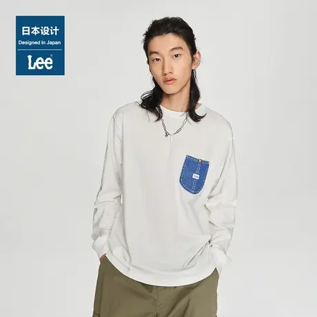 Lee日本设计23秋冬新品标准版圆领多色牛仔口袋设计男长袖T恤休闲图片
