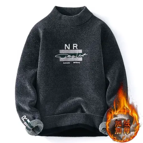 一体绒圆领毛衣男秋冬季2023新款加绒加厚线衣潮流韩版针织打底衫商品大图